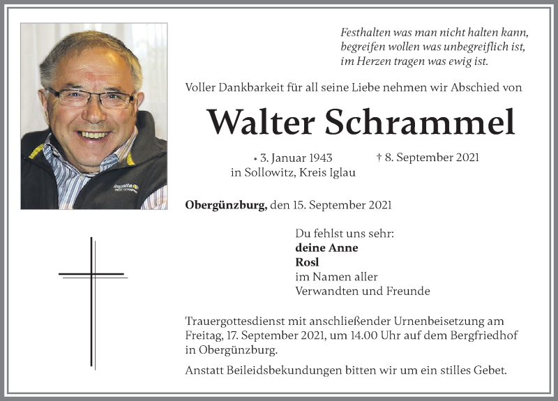  Traueranzeige für Walter Schrammel vom 15.09.2021 aus Allgäuer Zeitung, Marktoberdorf