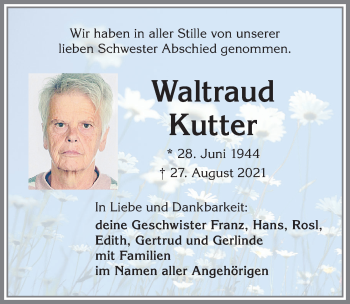 Traueranzeige von Waltraud Kutter von Allgäuer Zeitung,Kempten