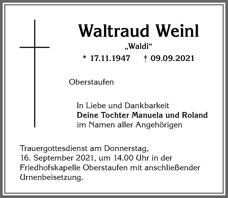  Traueranzeige für Waltraud Weinl vom 14.09.2021 aus Allgäuer Anzeigeblatt