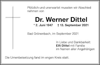 Traueranzeige von Werner Dittel von Memminger Zeitung