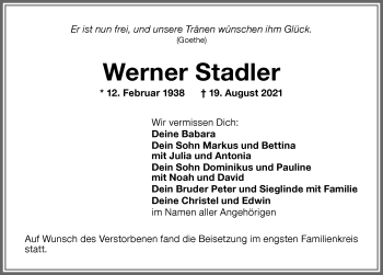Traueranzeige von Werner Stadler von Memminger Zeitung