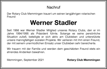 Traueranzeige von Werner Stadler von Memminger Zeitung
