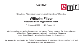 Traueranzeige von Wilhelm Filser von Allgäuer Zeitung, Füssen