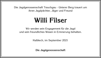 Traueranzeige von Willi Filser von Allgäuer Zeitung, Füssen