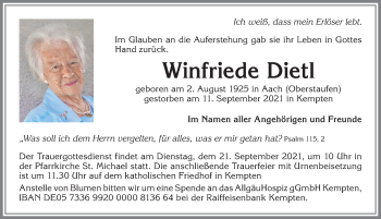 Traueranzeige von Winfriede Dietl von Allgäuer Zeitung,Kempten