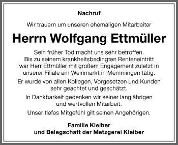 Traueranzeige von Wolfgang Ettmüller von Memminger Zeitung