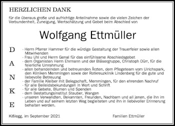 Traueranzeige von Wolfgang Ettmüller von Memminger Zeitung