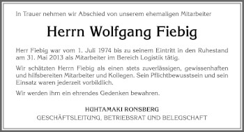 Traueranzeige von Wolfgang Fiebig von Memminger Zeitung