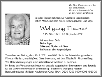 Traueranzeige von Wolfgang Fischer von Allgäuer Zeitung, Füssen