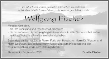 Traueranzeige von Wolfgang Fischer von Allgäuer Zeitung, Füssen