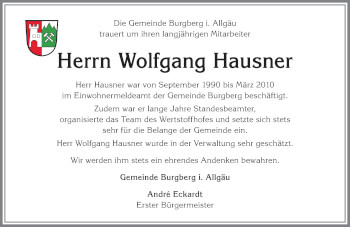 Traueranzeige von Wolfgang Hausner von Allgäuer Anzeigeblatt
