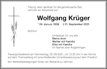 Traueranzeige von Wolfgang Krüger von Memminger Zeitung