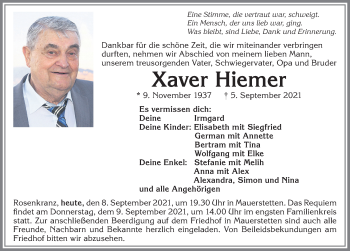 Traueranzeige von Xaver Hiemer von Allgäuer Zeitung, Kaufbeuren/Buchloe