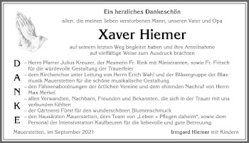 Traueranzeige von Xaver Hiemer von Allgäuer Zeitung, Kaufbeuren/Buchloe