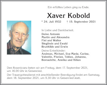 Traueranzeige von Xaver Kobold von Allgäuer Zeitung, Marktoberdorf