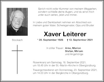 Traueranzeige von Xaver Leiterer von Allgäuer Zeitung, Marktoberdorf