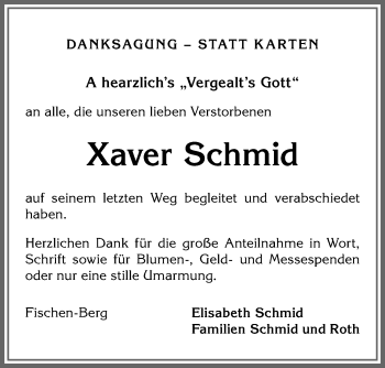 Traueranzeige von Xaver Schmid von Allgäuer Anzeigeblatt