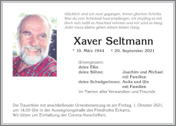 Traueranzeige von Xaver Seltmann von Allgäuer Anzeigeblatt
