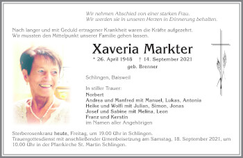 Traueranzeige von Xaveria Markter von Allgäuer Zeitung