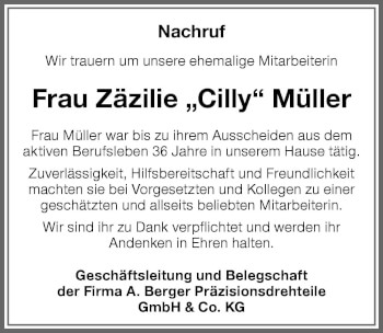 Traueranzeige von Zäzilie Müller von Memminger Zeitung