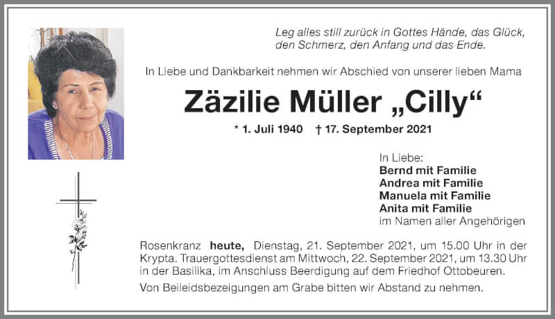  Traueranzeige für Zäzilie Müller vom 21.09.2021 aus Memminger Zeitung