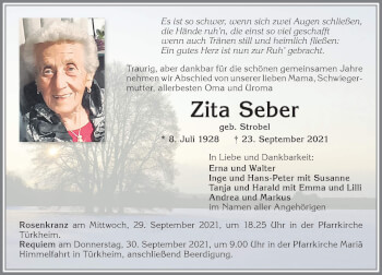 Traueranzeige von Zita Seber von Allgäuer Zeitung
