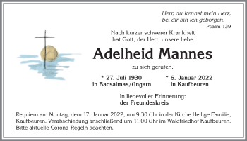 Traueranzeige von Adelheid Mannes von Allgäuer Zeitung, Kaufbeuren/Buchloe