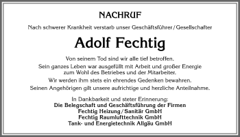 Traueranzeige von Adolf Fechtig von Allgäuer Zeitung,Kempten