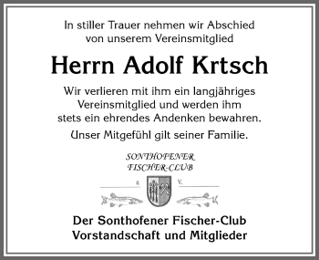Traueranzeige von Adolf Krtsch von Allgäuer Anzeigeblatt