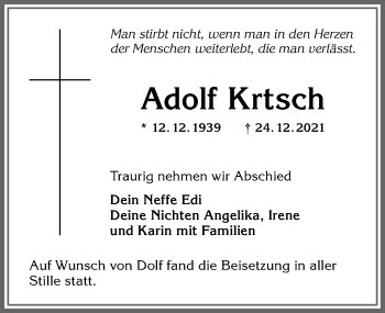 Traueranzeige von Adolf Krtsch von Allgäuer Anzeigeblatt