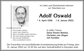 Traueranzeige von Adolf Oswald von Allgäuer Zeitung,Kempten