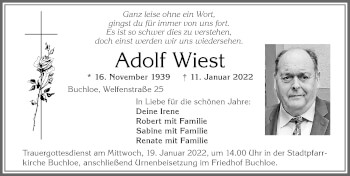 Traueranzeige von Adolf Wiest von Allgäuer Zeitung, Kaufbeuren/Buchloe