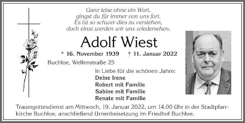  Traueranzeige für Adolf Wiest vom 15.01.2022 aus Allgäuer Zeitung, Kaufbeuren/Buchloe