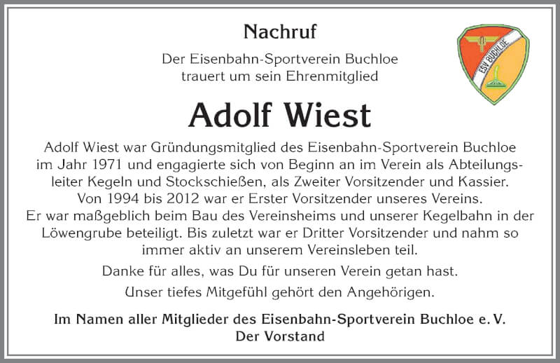  Traueranzeige für Adolf Wiest vom 15.01.2022 aus Allgäuer Zeitung, Kaufbeuren/Buchloe