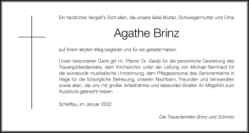 Traueranzeige von Agathe Brinz von Der Westallgäuer