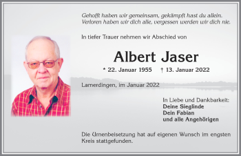 Traueranzeige von Albert Jaser von Allgäuer Zeitung, Kaufbeuren/Buchloe