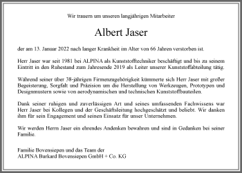 Traueranzeige von Albert Jaser von Allgäuer Zeitung, Kaufbeuren/Buchloe