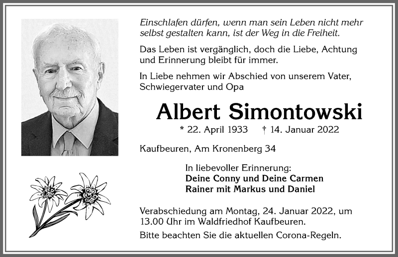  Traueranzeige für Albert Simontowski vom 19.01.2022 aus Allgäuer Zeitung,Kempten