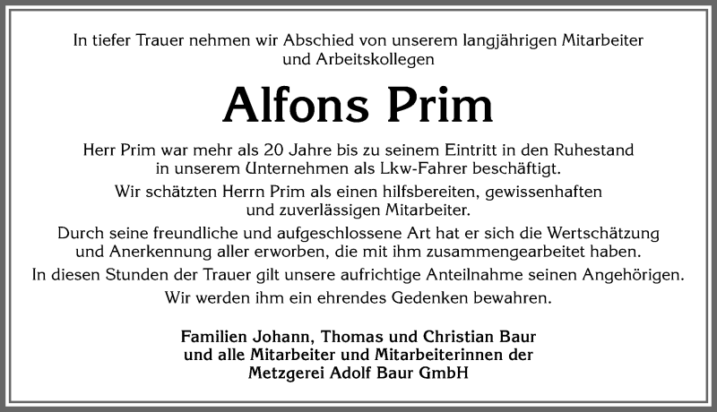  Traueranzeige für Alfons Prim vom 17.01.2022 aus Memminger Zeitung