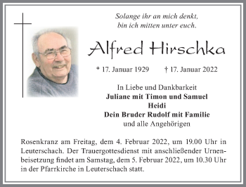 Traueranzeige von Alfred Hirschka von Allgäuer Zeitung, Marktoberdorf