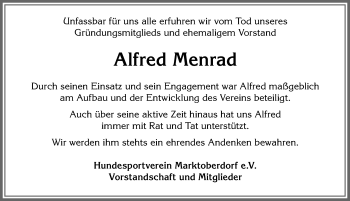 Traueranzeige von Alfred Menrad von Allgäuer Zeitung, Marktoberdorf