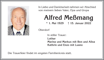 Traueranzeige von Alfred Meßmang von Allgäuer Zeitung,Kempten