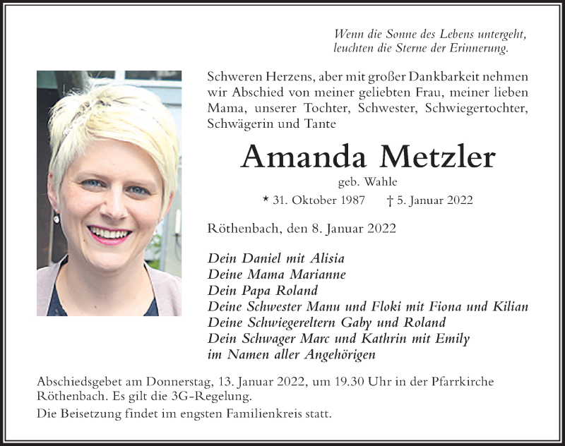  Traueranzeige für Amanda Metzler vom 08.01.2022 aus Der Westallgäuer