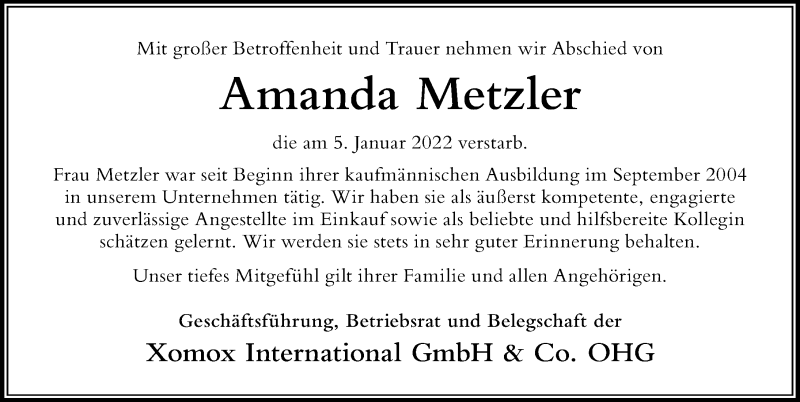 Traueranzeige für Amanda Metzler vom 12.01.2022 aus Der Westallgäuer