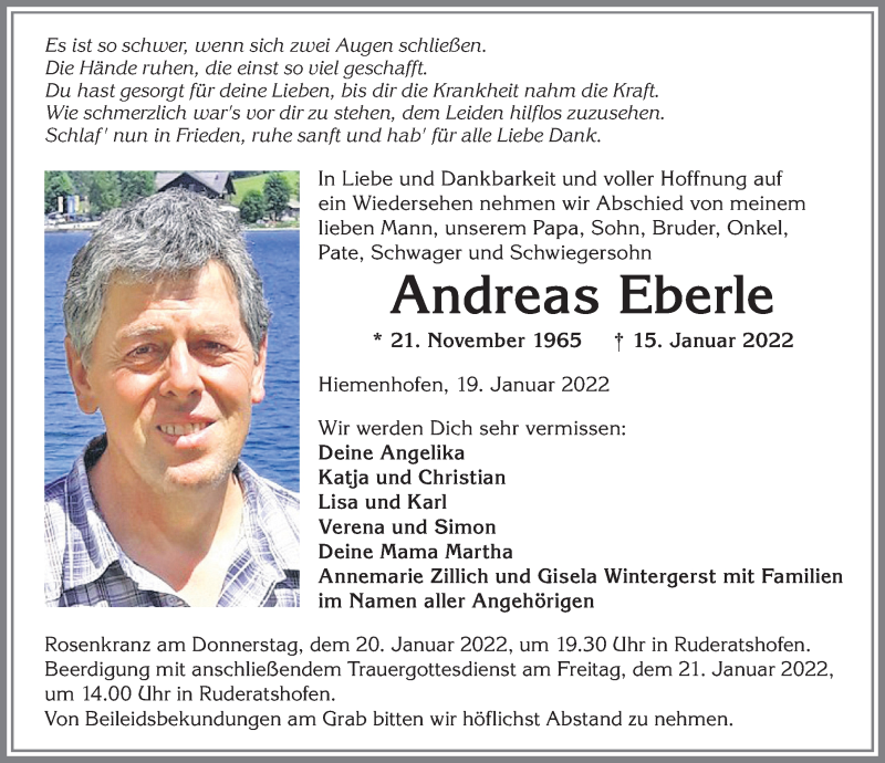  Traueranzeige für Andreas Eberle vom 19.01.2022 aus Allgäuer Zeitung, Marktoberdorf