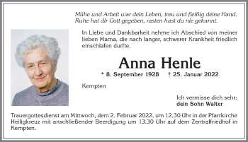 Traueranzeige von Anna Henle von Allgäuer Zeitung,Kempten