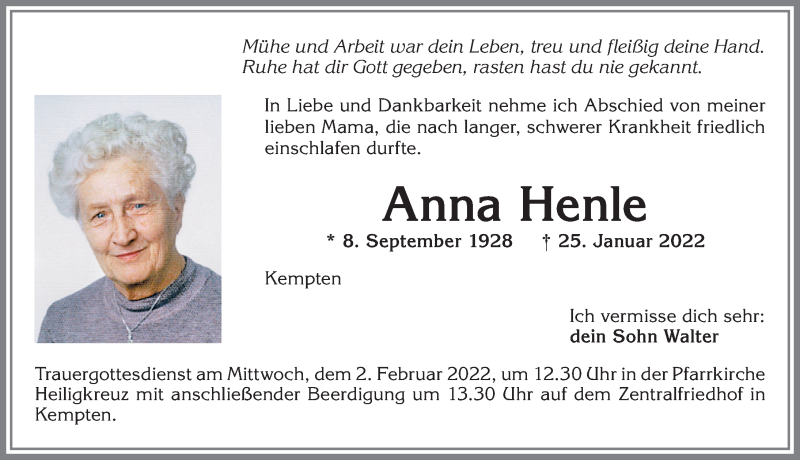  Traueranzeige für Anna Henle vom 29.01.2022 aus Allgäuer Zeitung,Kempten