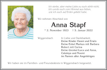 Traueranzeige von Anna Stapf von Allgäuer Zeitung,Kempten