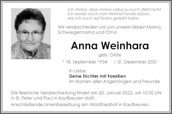 Traueranzeige von Anna Weinhara von Allgäuer Zeitung, Kaufbeuren/Buchloe