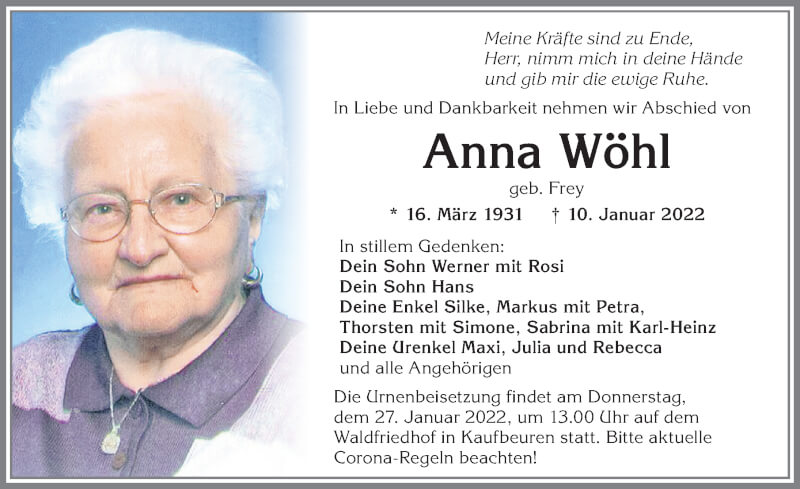  Traueranzeige für Anna Wöhl vom 15.01.2022 aus Allgäuer Zeitung, Kaufbeuren/Buchloe
